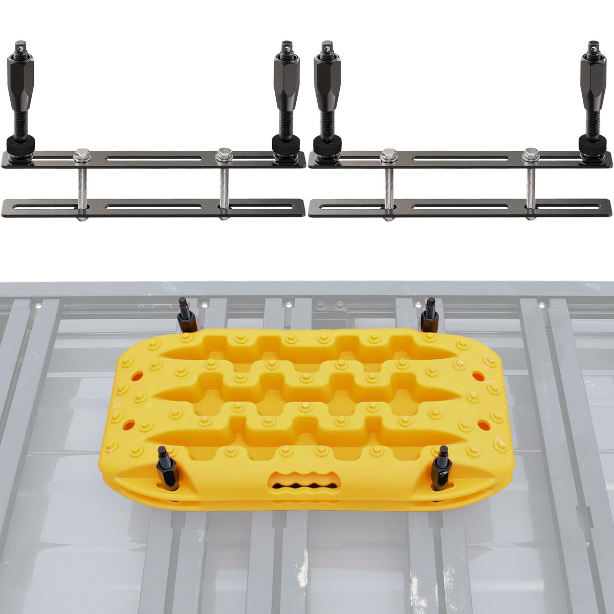 SAMOUT Recovery Board Mount Kit demonstrates a universal bracket on a roof rack for versatile traction mounting