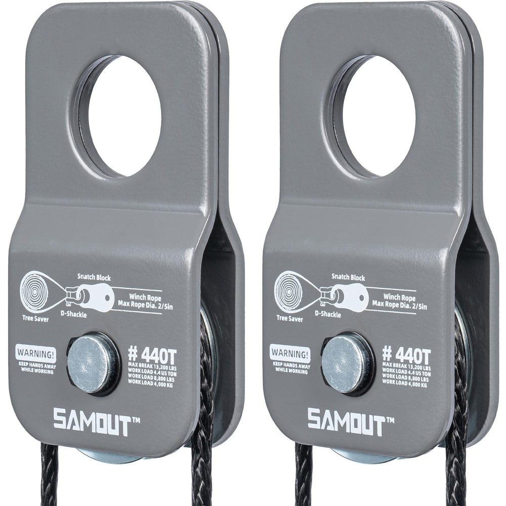 SAMOUT Winch Snatch Block close-up of reinforced stainless pulley for rugged recovery.