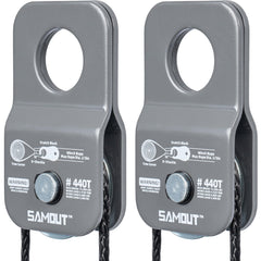 SAMOUT Winch Snatch Block close-up of reinforced stainless pulley for rugged recovery.