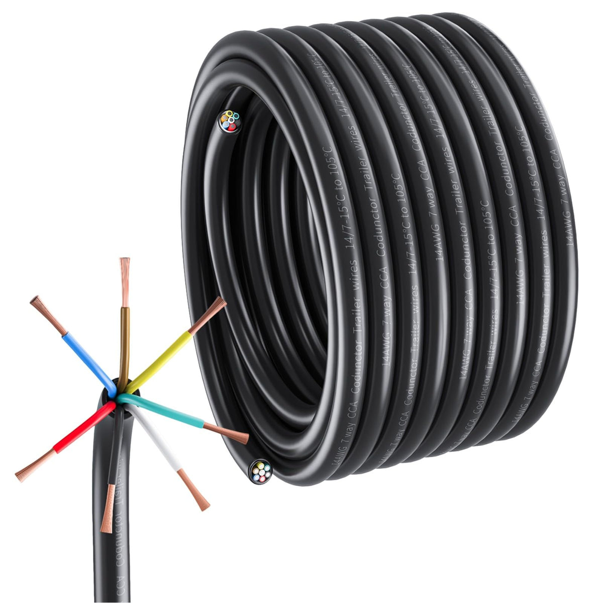 Samramra 7-way trailer wire harness 50ft, color coded for easy 7-pin connections