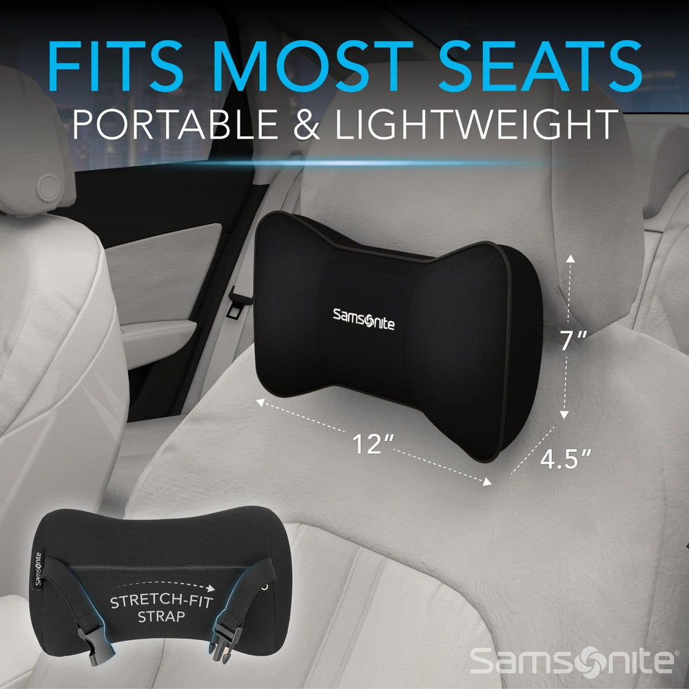 Samsonite universal fit headrest pillow fits cars, trucks, and office chairs.