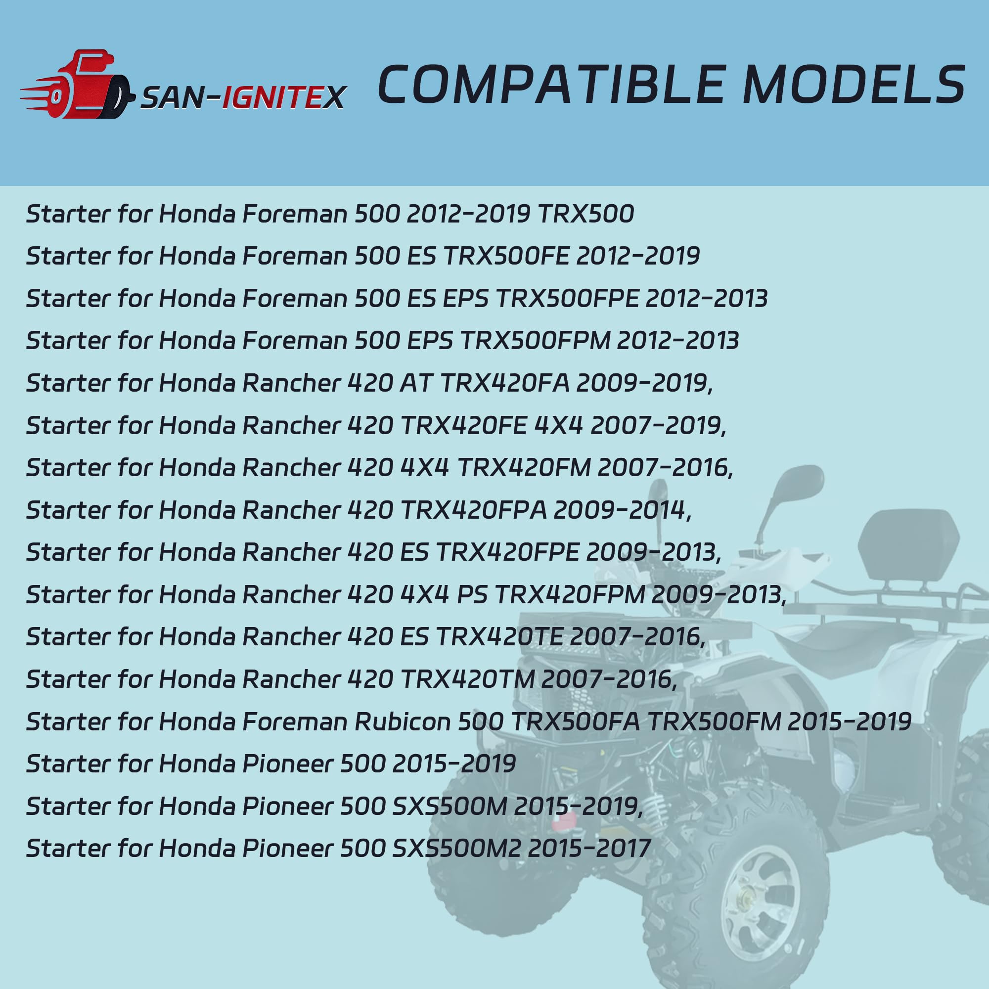 San-IgniteX starter motor compatibility with TRX420 and TRX500 confirmed.