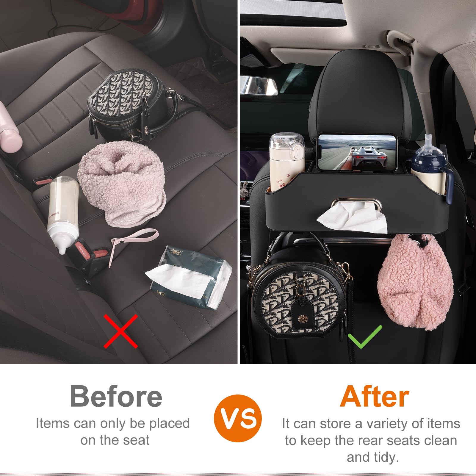 Sancaral car backseat organizer with hooks for bags and small items.
