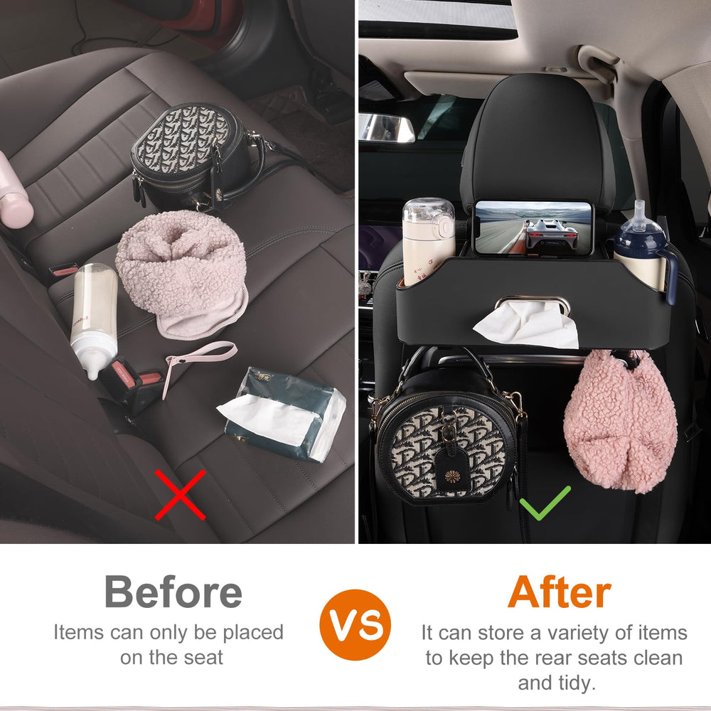 Sancaral car backseat organizer with hooks for bags and small items.