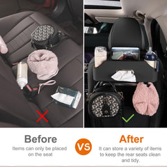 Sancaral car backseat organizer with hooks for bags and small items.