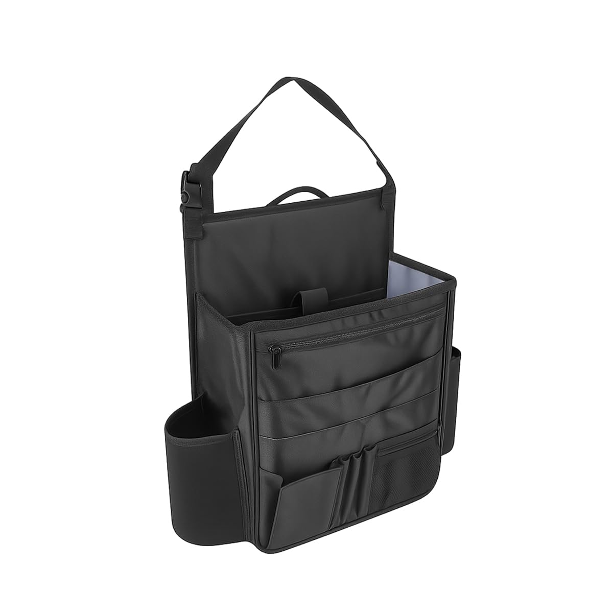 Sandfren car front seat organizer main compartment keeps tablets and papers handy.
