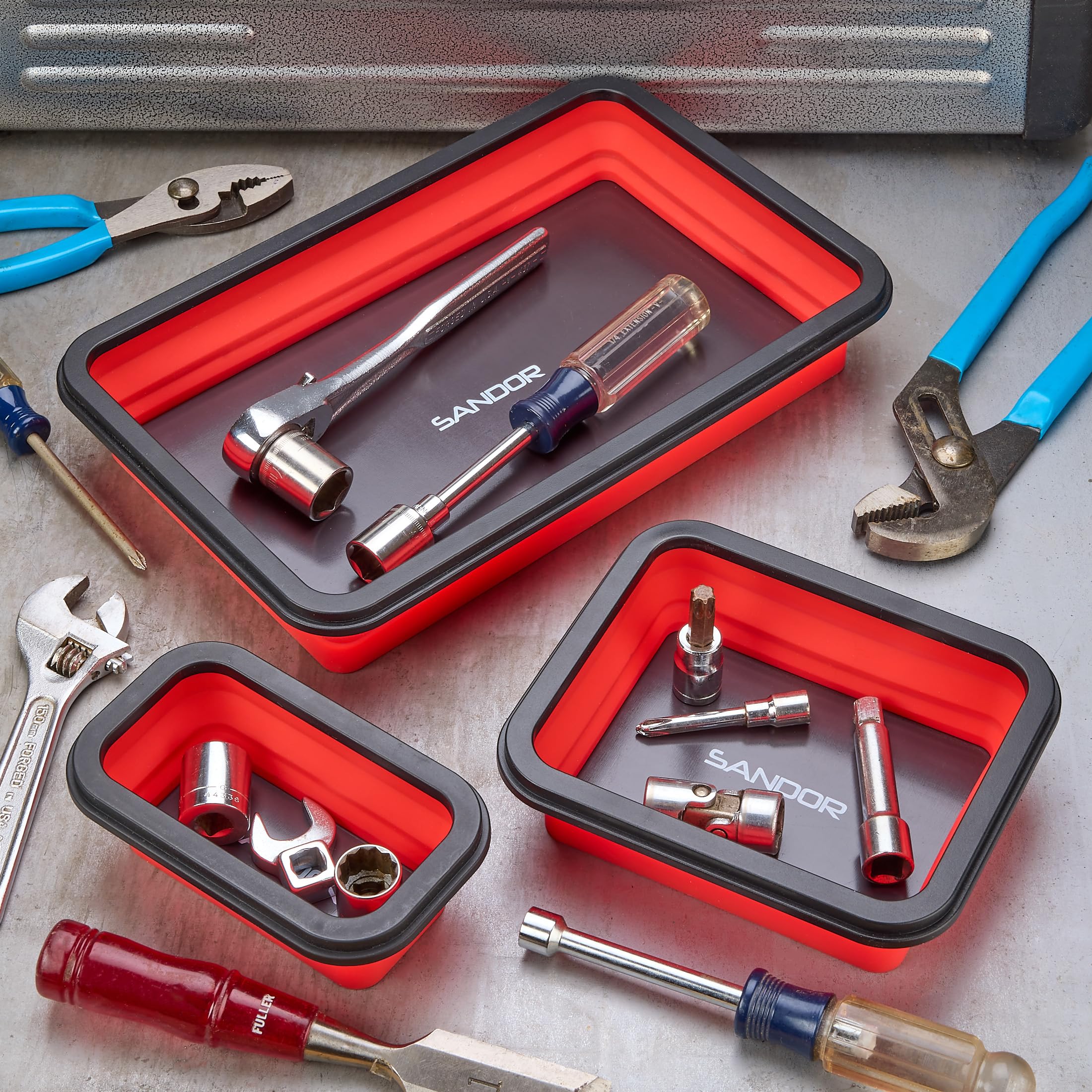 SANDOR expandable magnetic parts tray showing versatility on a toolbox
