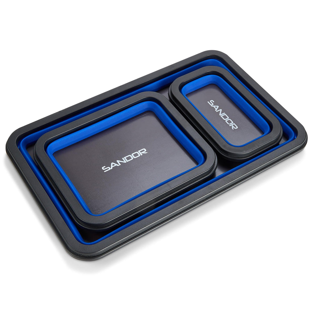 SANDOR collapsible magnetic parts tray—large blue, provides accessible storage for nuts and tools.