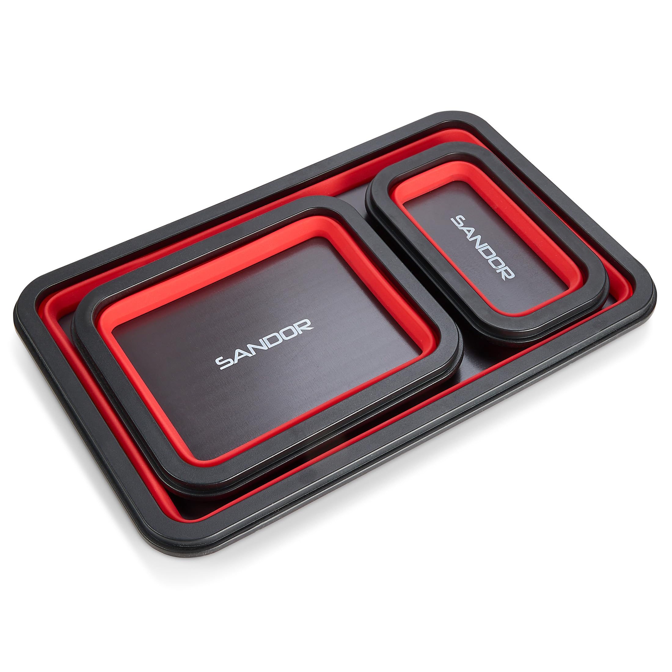SANDOR collapsible magnetic parts tray large anchoring washers and pins on metal surface