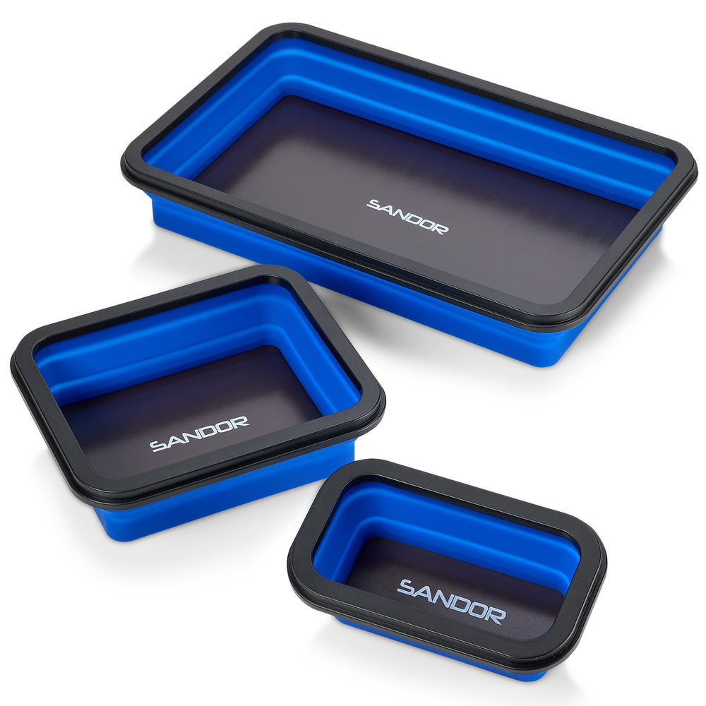 SANDOR collapsible magnetic parts tray—small blue, keeps screws organized on a metal surface.