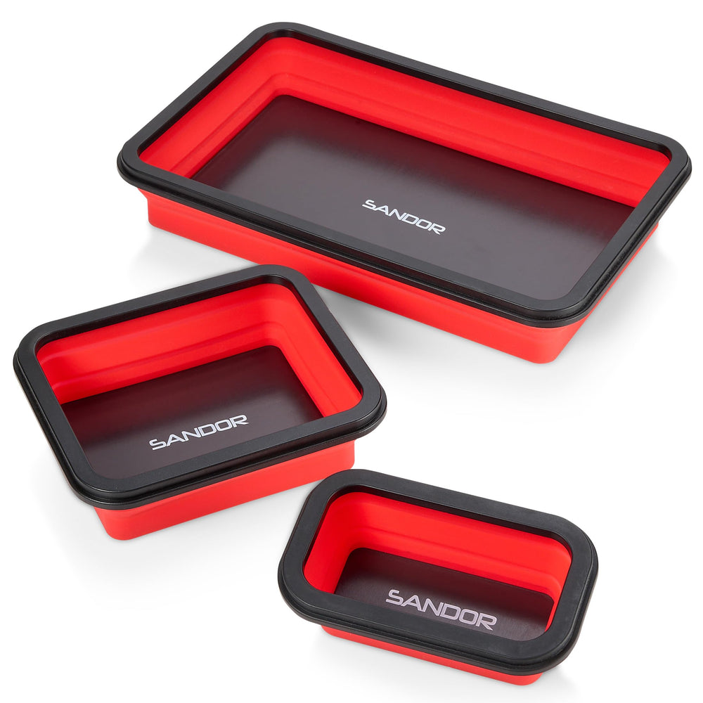 SANDOR collapsible magnetic parts tray small on a workbench keeping screws accessible