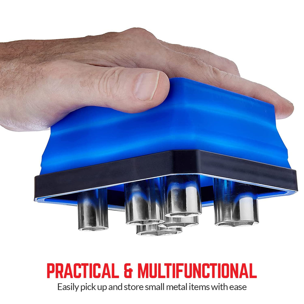 SANDOR blue collapsed tray saves space on a crowded workbench