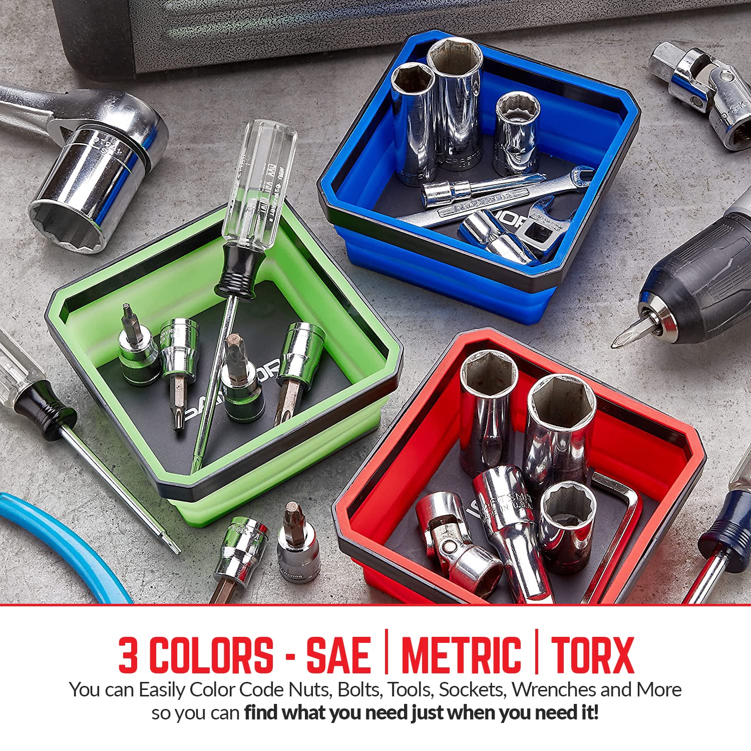 SANDOR green collapsed tray stows neatly in a toolbox