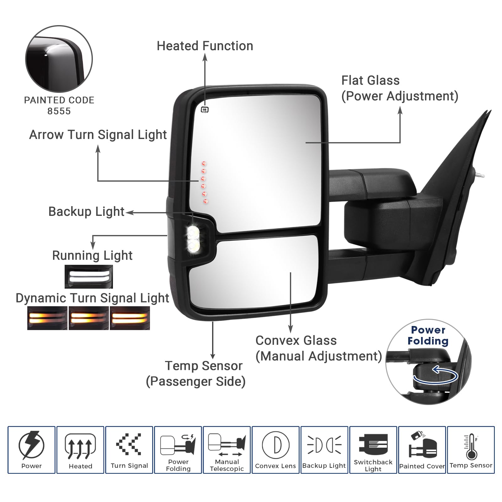 Sanooer power-folding towing mirror right-side assembly improves rear view for Silverado.