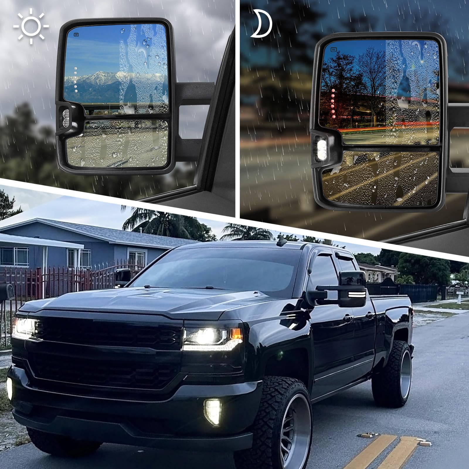 Sanooer Switchback tow mirror backup lamp aids night-time parking and backing.
