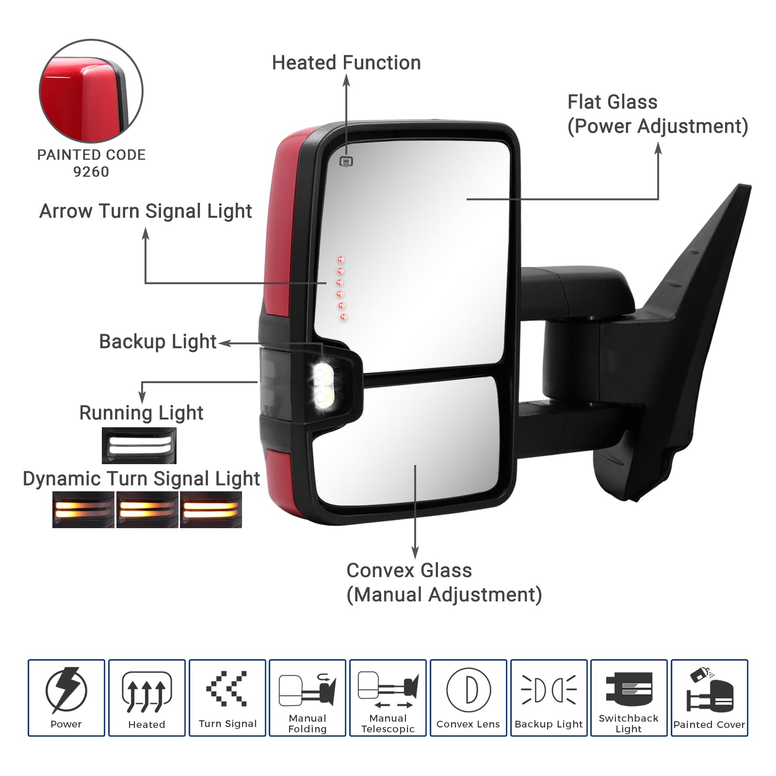 Front view of Sanooer Switchback towing mirror showing strong aluminum base