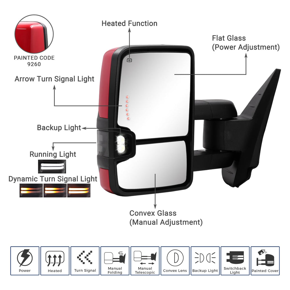 Front view of Sanooer Switchback towing mirror showing strong aluminum base
