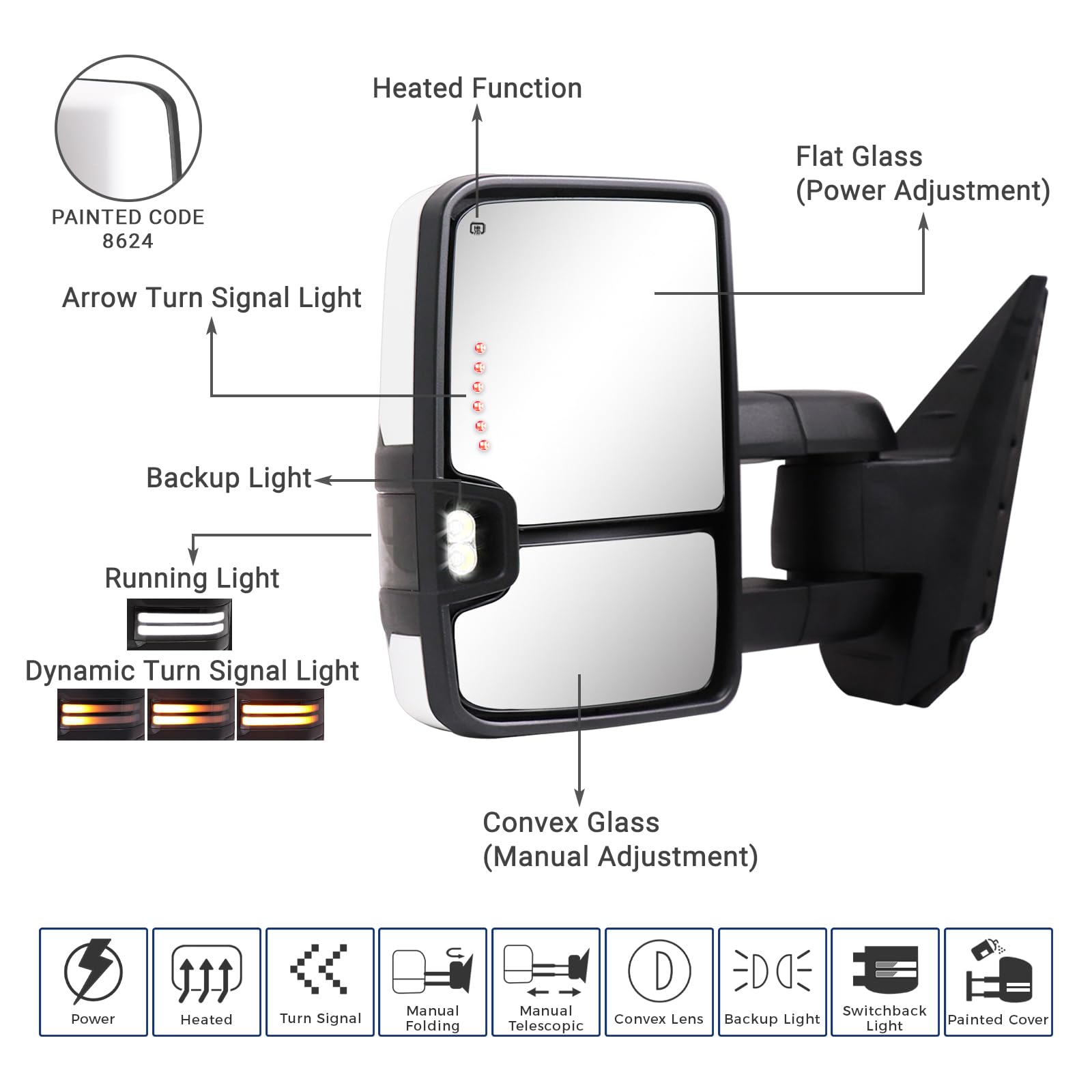 Front view of Sanooer Switchback mirror shows dual glass for flexible visibility.
