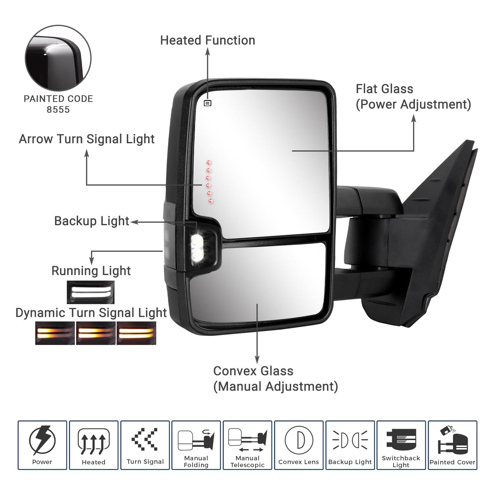 Sanooer switchback towing mirror front view reveals a wider field beside traffic