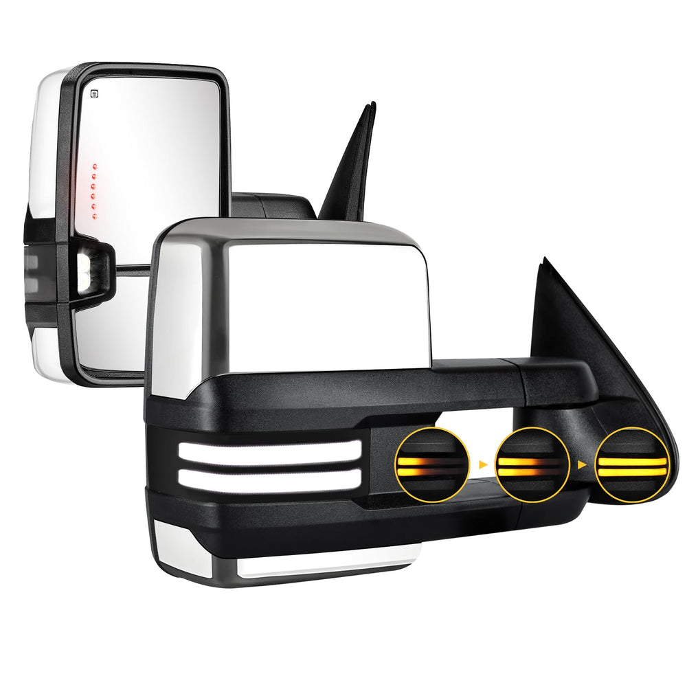 Sanooer towing mirrors with chrome switchback lights for clearer signaling on highways.