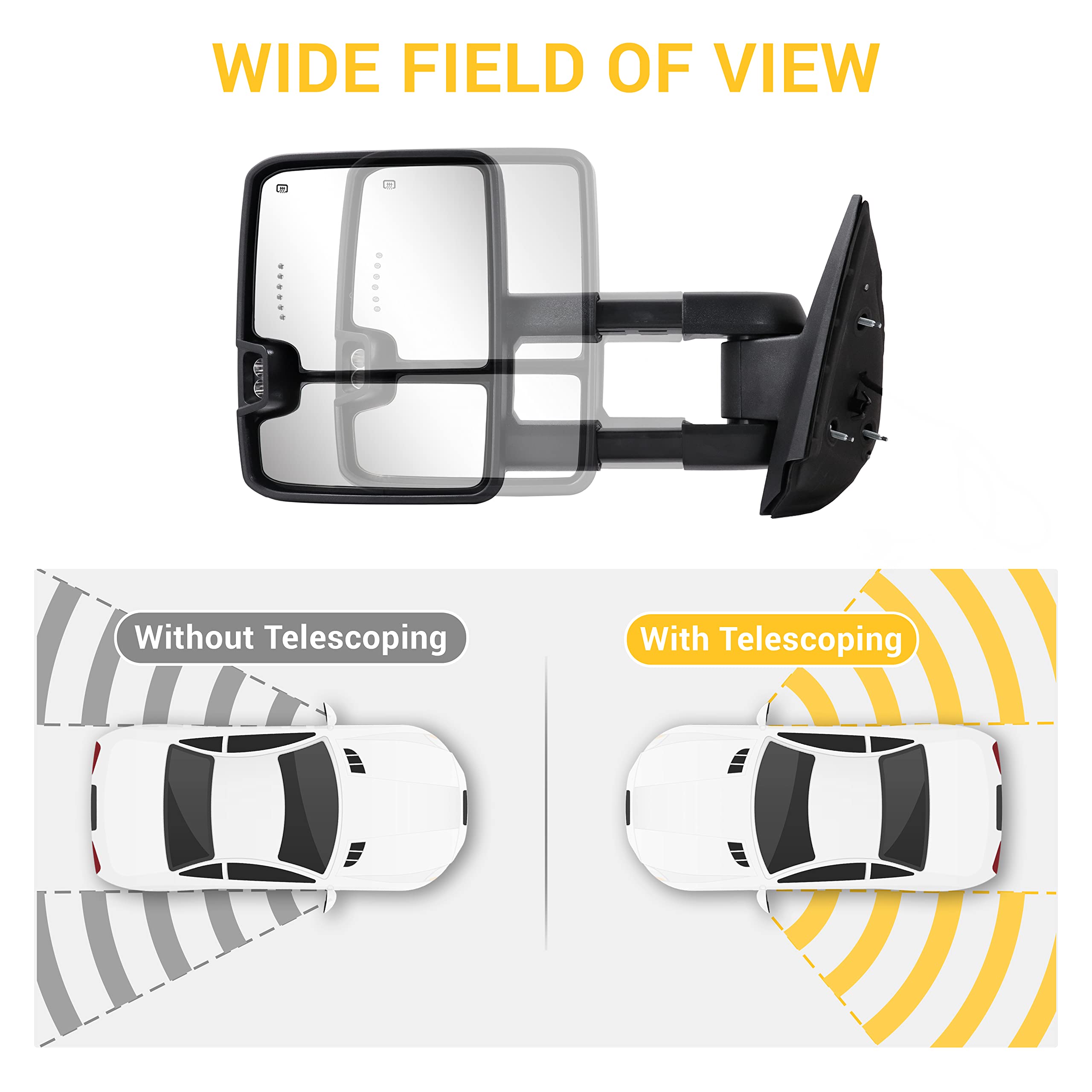 Sanooer towing mirrors LED turn signal improve visibility to surrounding traffic.