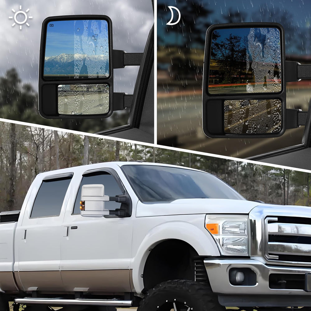 Sanooer towing mirrors pack includes two mirrors and wiring harnesses for a complete swap.