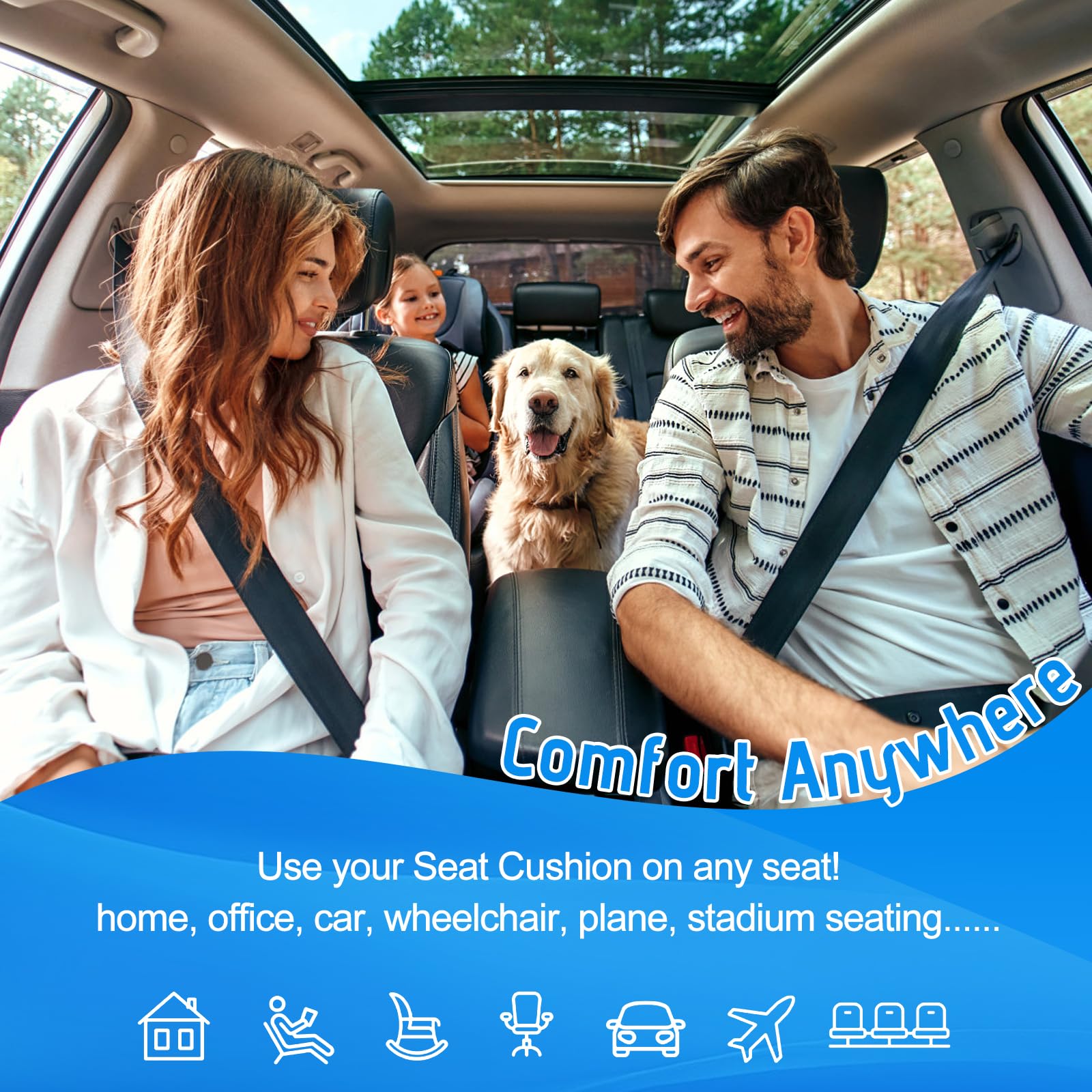 Sanwom universal-fit cushion for cars, trucks, SUVs and office chairs.