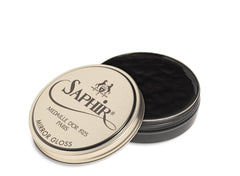 SAPHIR Mirror Gloss polish bottle showing high-shine potential on leather.