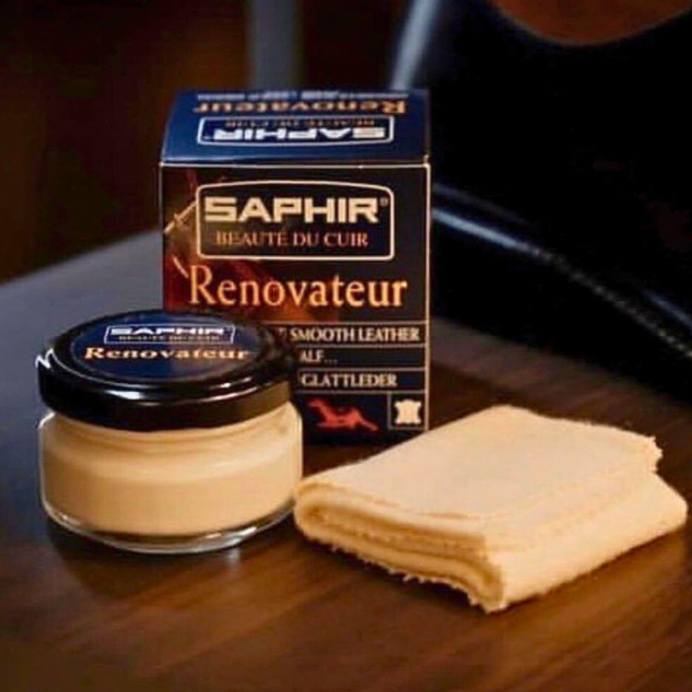 SAPHIR Renovator colorless formula suitable for all leather colors.