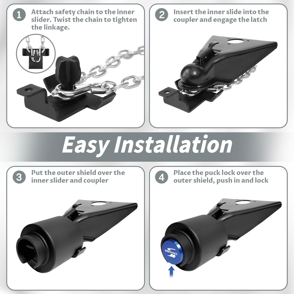 SaphRec easy-install trailer lock securing RV, boat, or trailer quickly