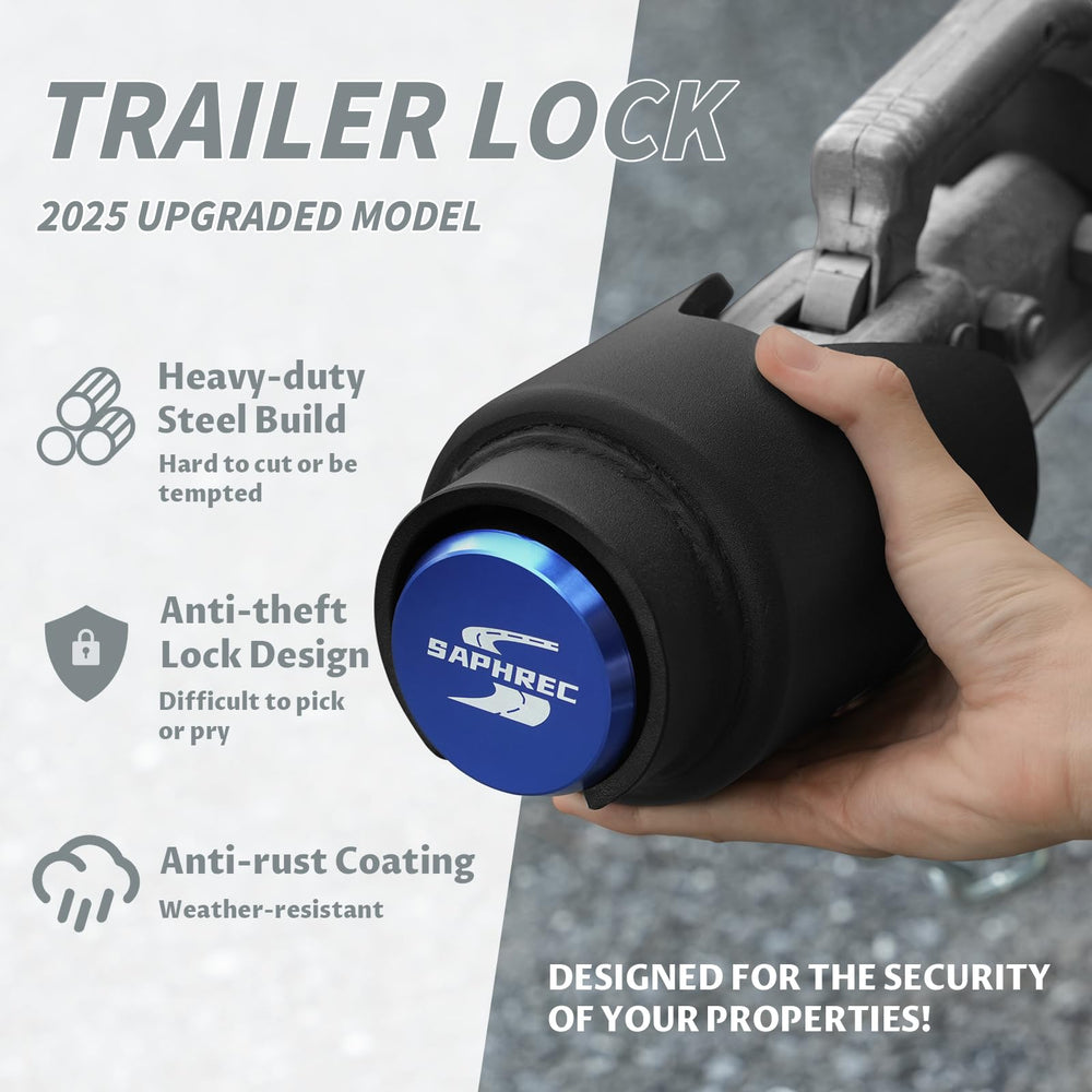 SaphRec hardened carbon steel lock demonstrates rugged durability for outdoor trailer protection.