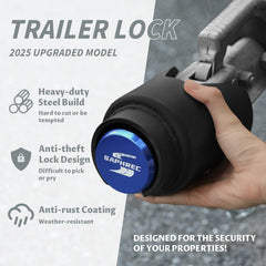 SaphRec hardened carbon steel lock demonstrates rugged durability for outdoor trailer protection.