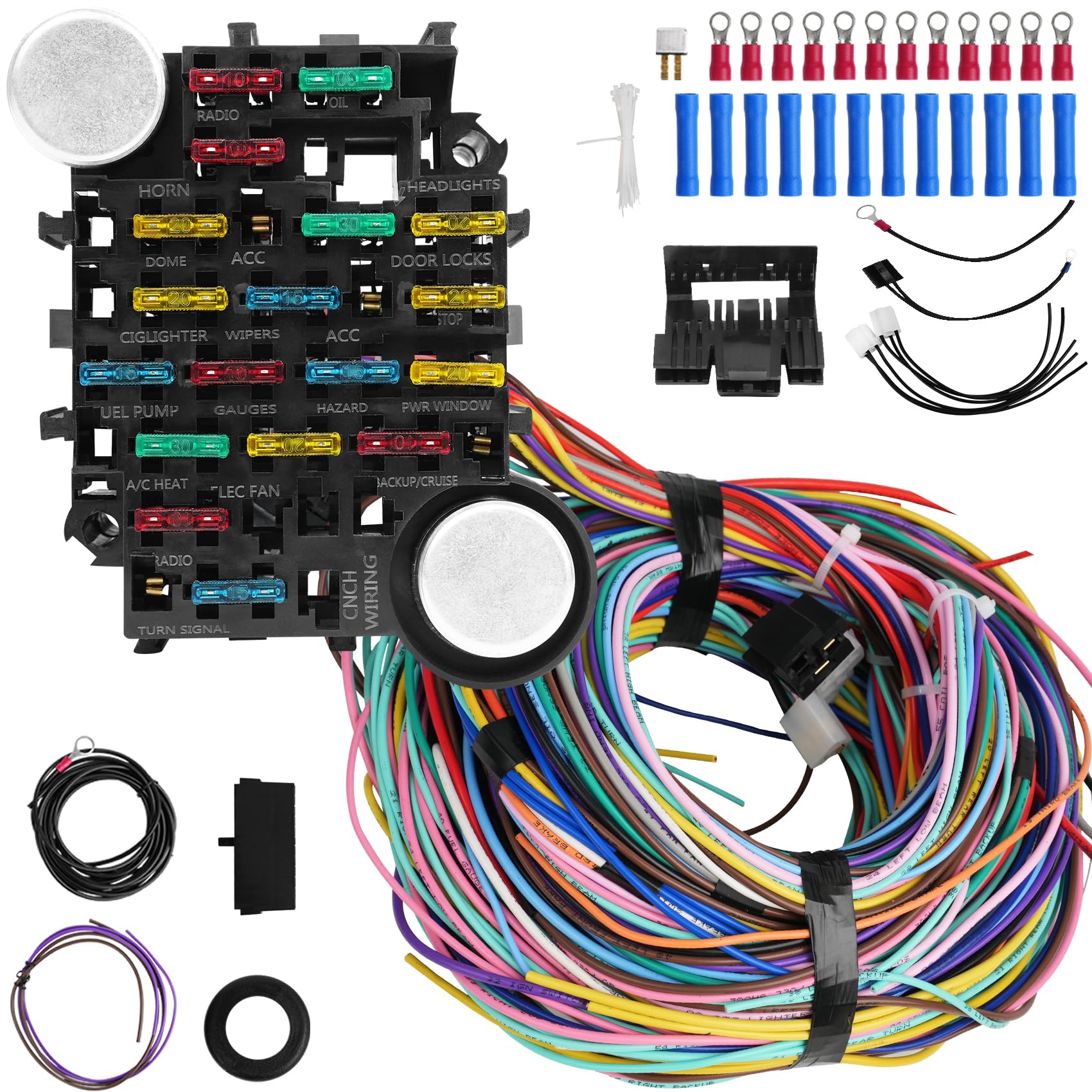 Saree universal 21-circuit harness on patchboard shows organized wiring for easy reference