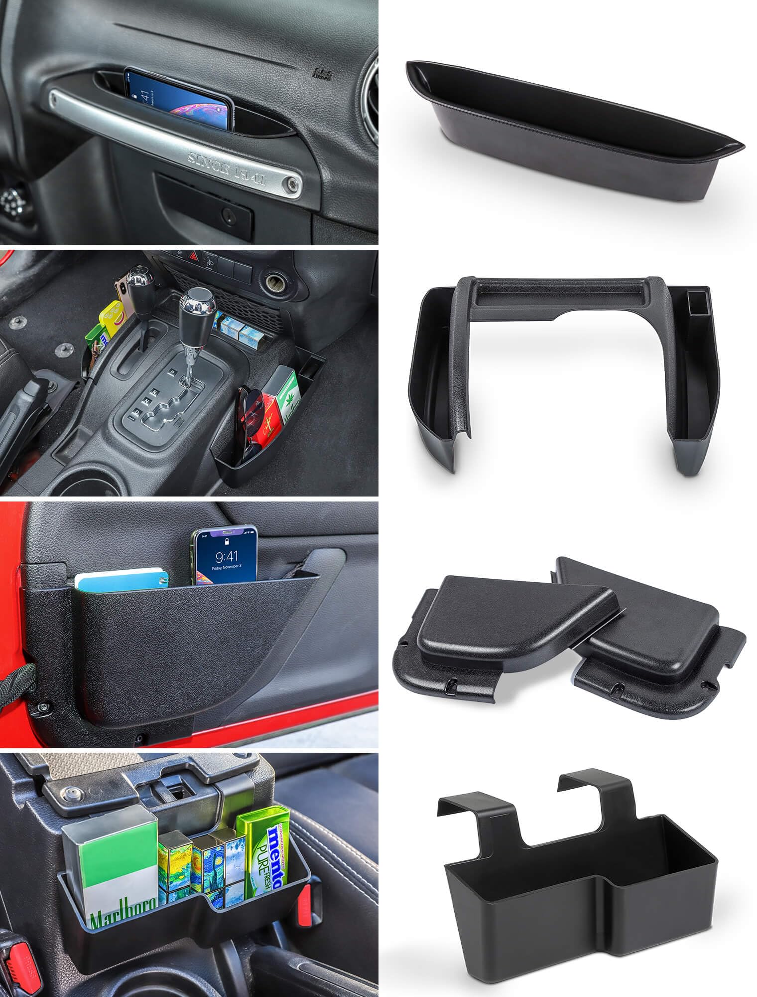 Savadicar center console 4pc organizer adds front storage to Wrangler.