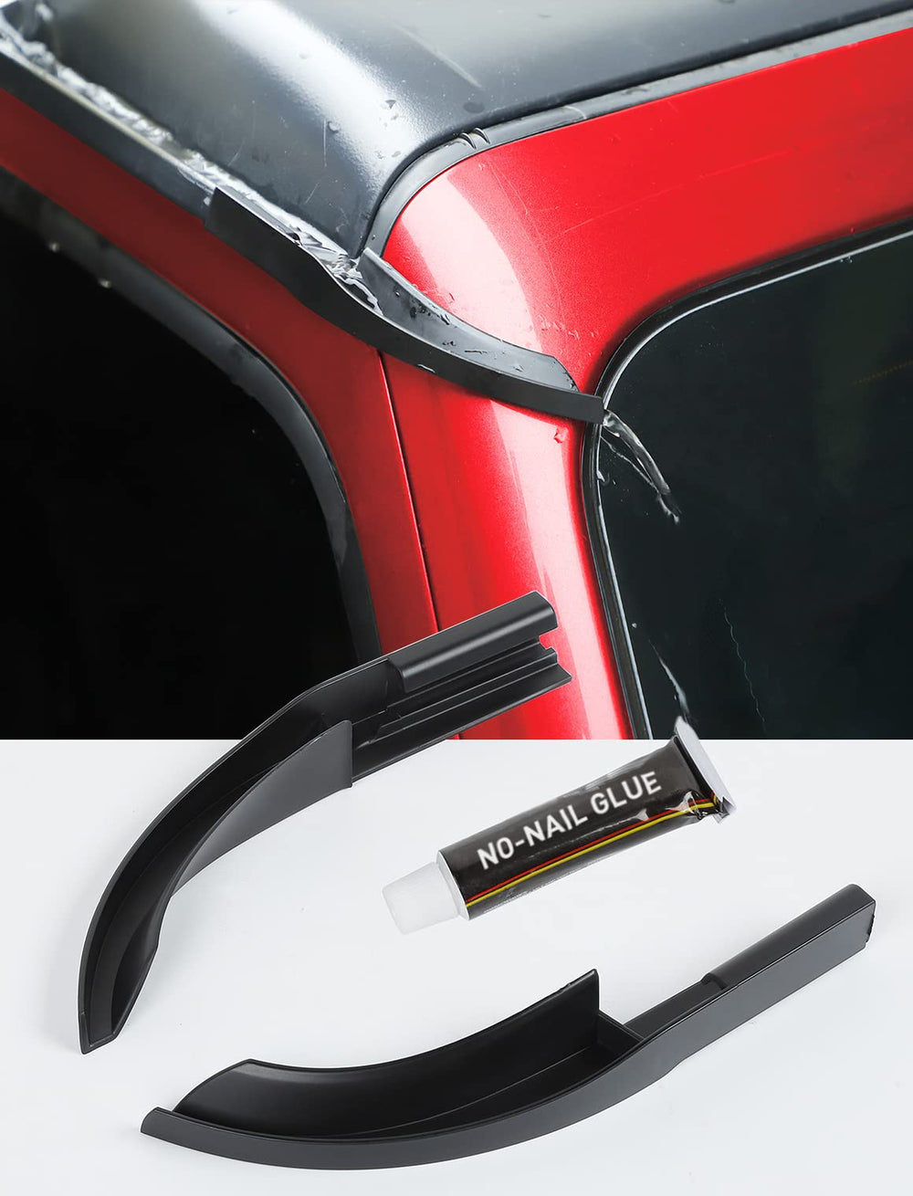 Savadicar rain gutter extension with roof groove redirects rain away from the Wrangler cabin.