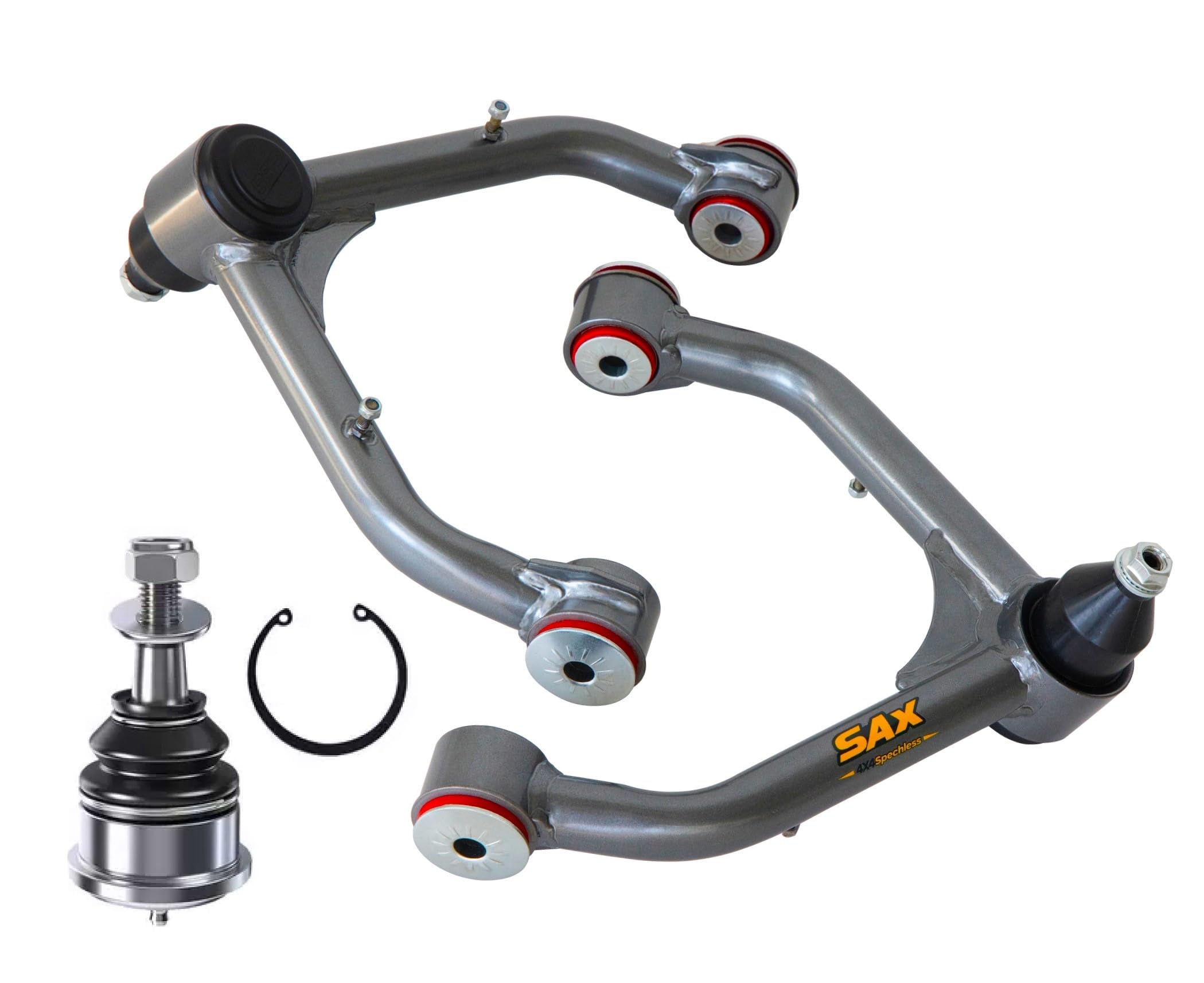 SAX 4X4speechless front upper control arm bolt-on assembly for lifted trucks improves alignment.