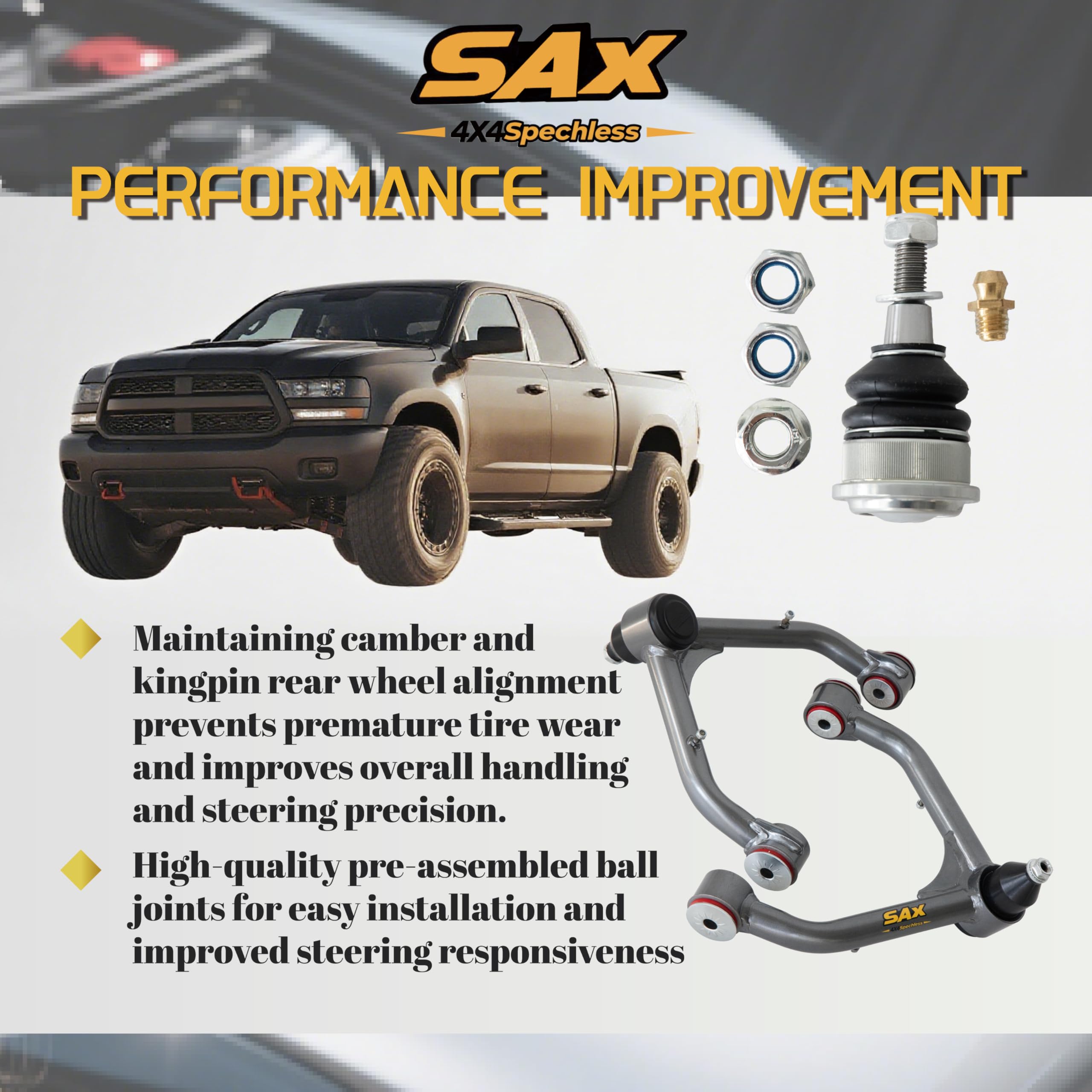 SAX 4X4speechless lifted application geometry improves camber and caster in lifted rigs.