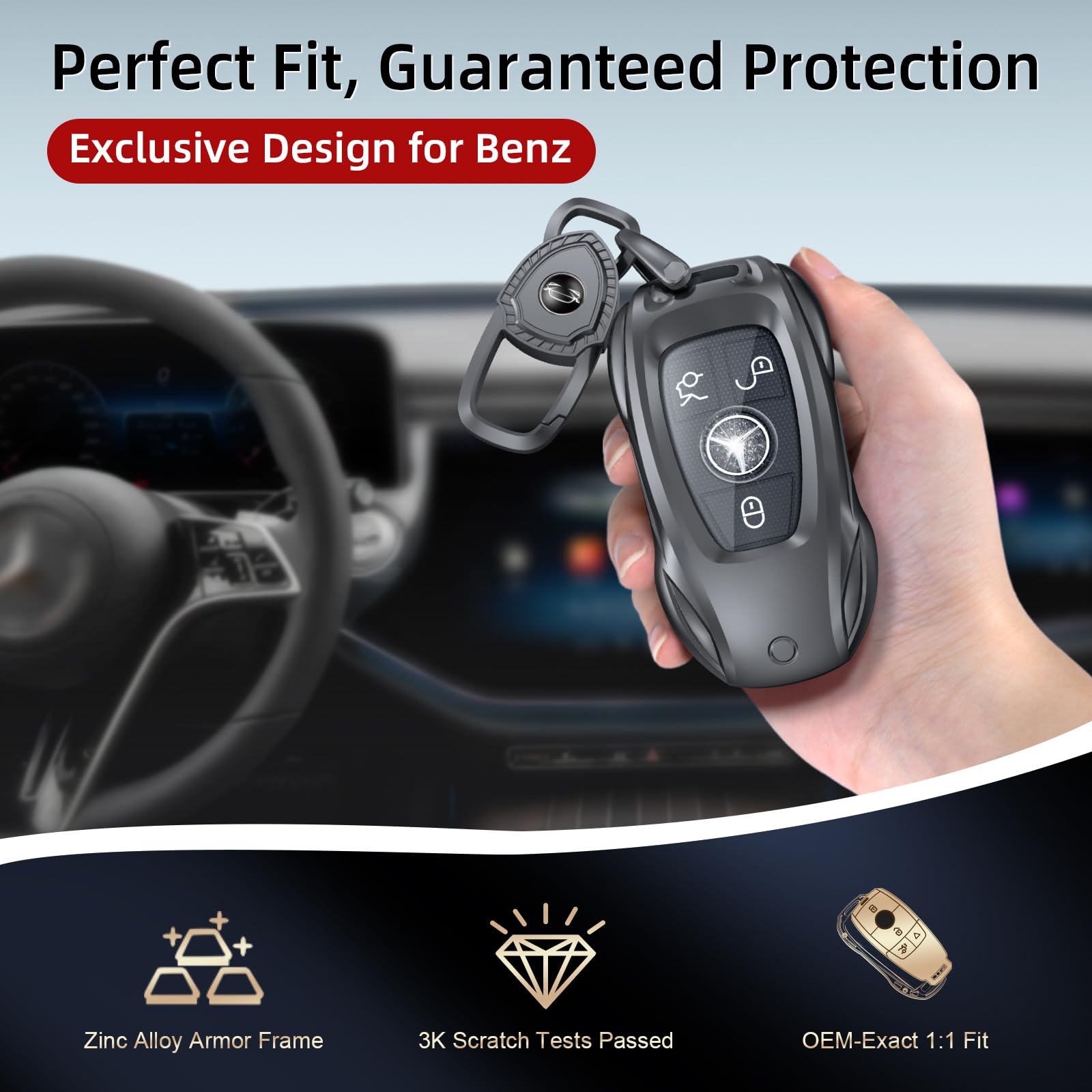 Saxsion Mercedes key case shell side profile showcasing slim unobtrusive fit for daily driving.