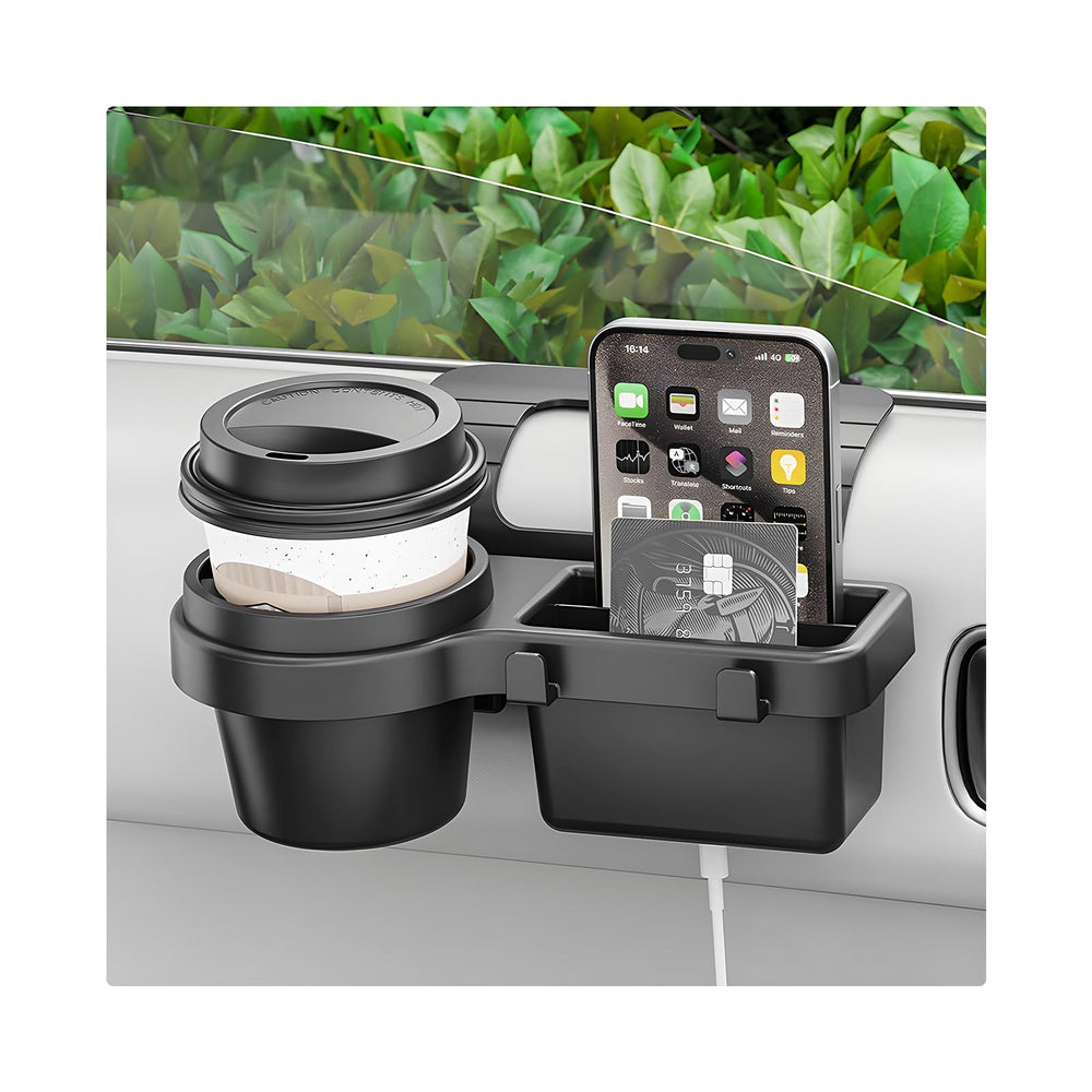 Sbulhia car window organizer cupholder close-up showing anti-shake stability for beverages