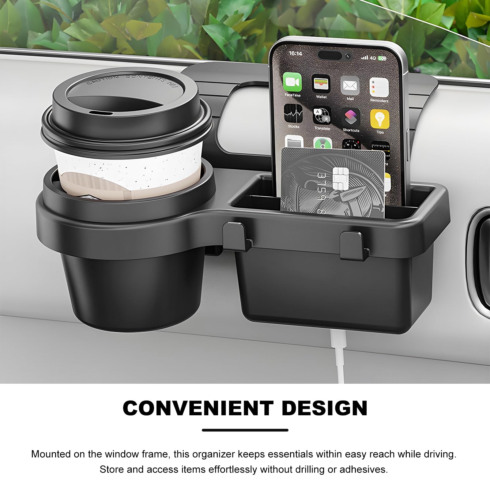 Sbulhia car window organizer in-use view with cupholder, compartments, and hooks organized