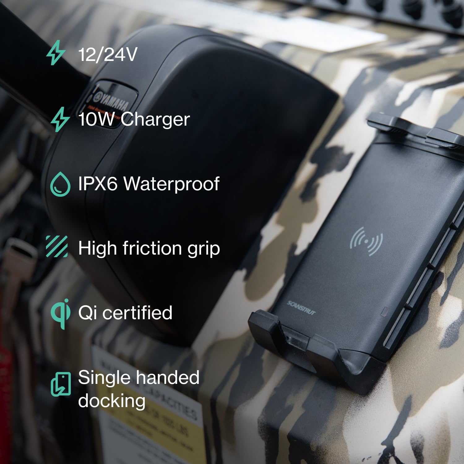 Scanstrut Active Qi-certified charging with clear LED status indicator.