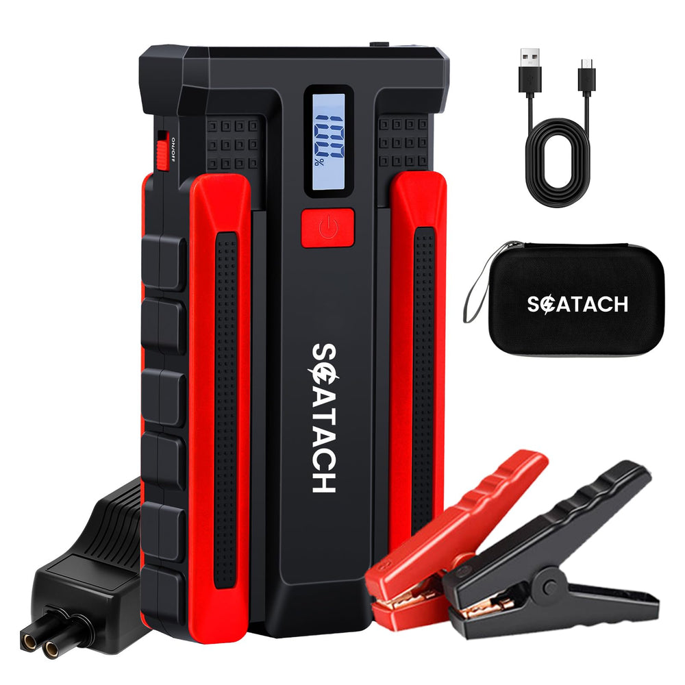 Scatach 6000A jump starter front view enables quick engine starts.