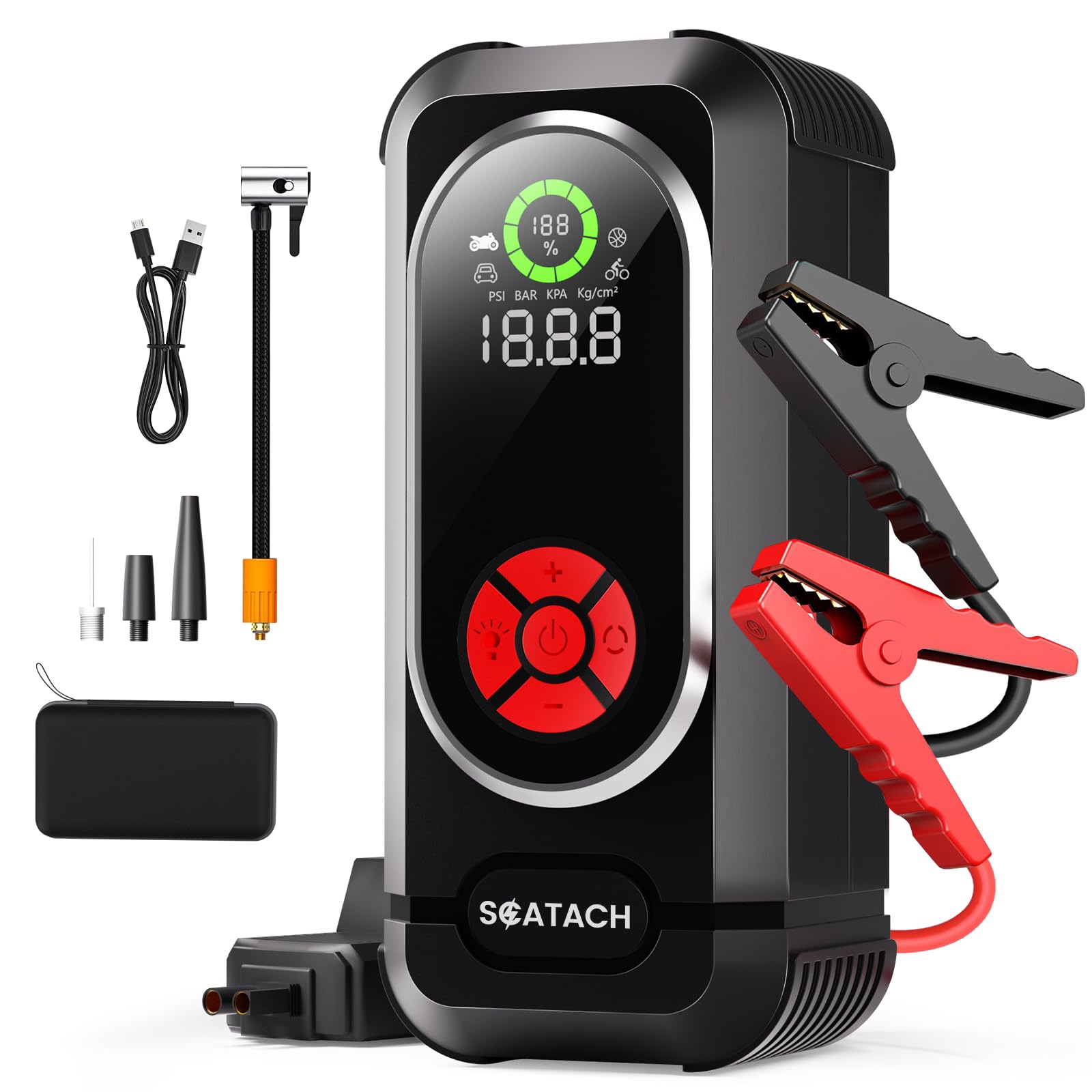 Scatach 6000A jump starter with air compressor powering a vehicle start in cold weather
