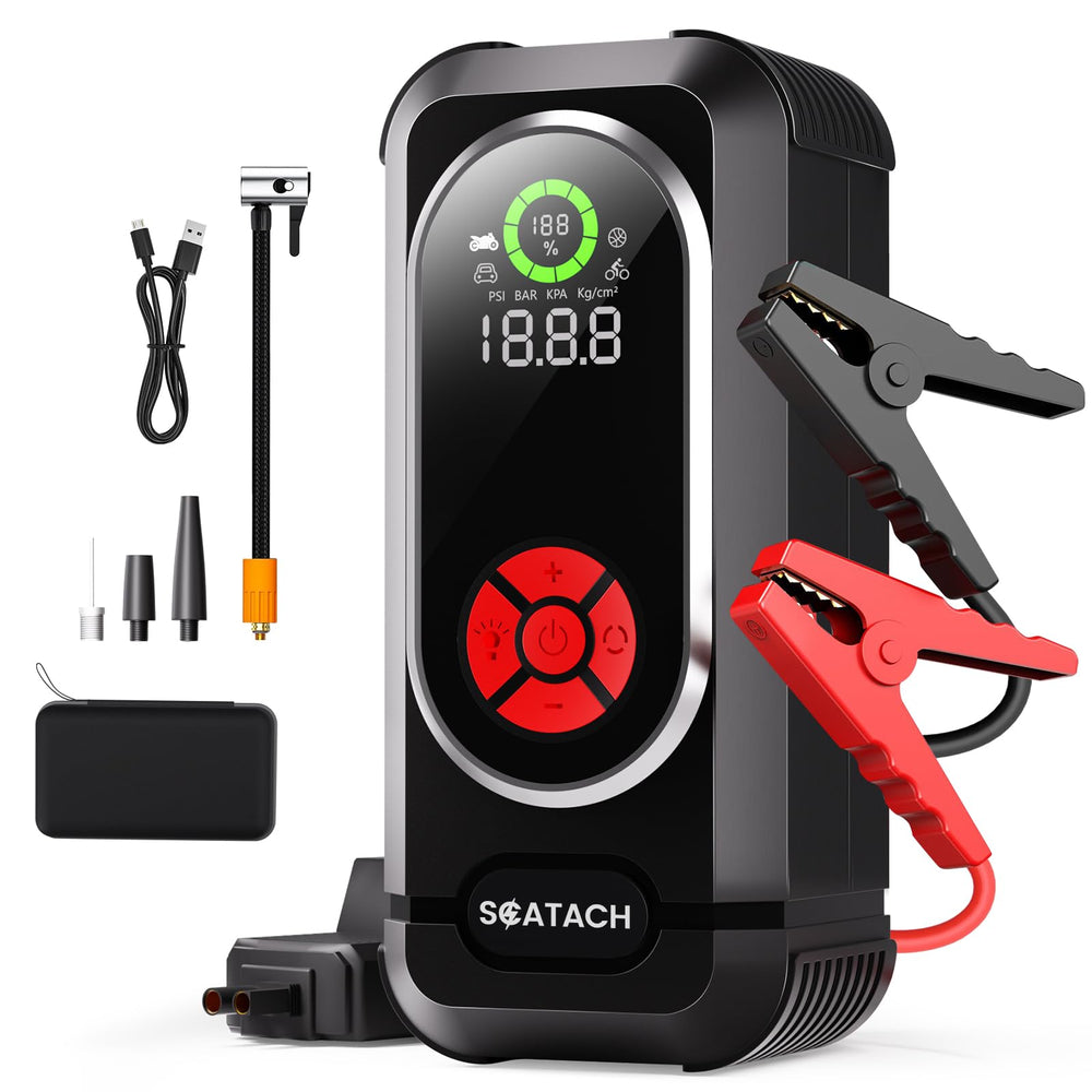 Scatach 6000A jump starter with air compressor powering a vehicle start in cold weather