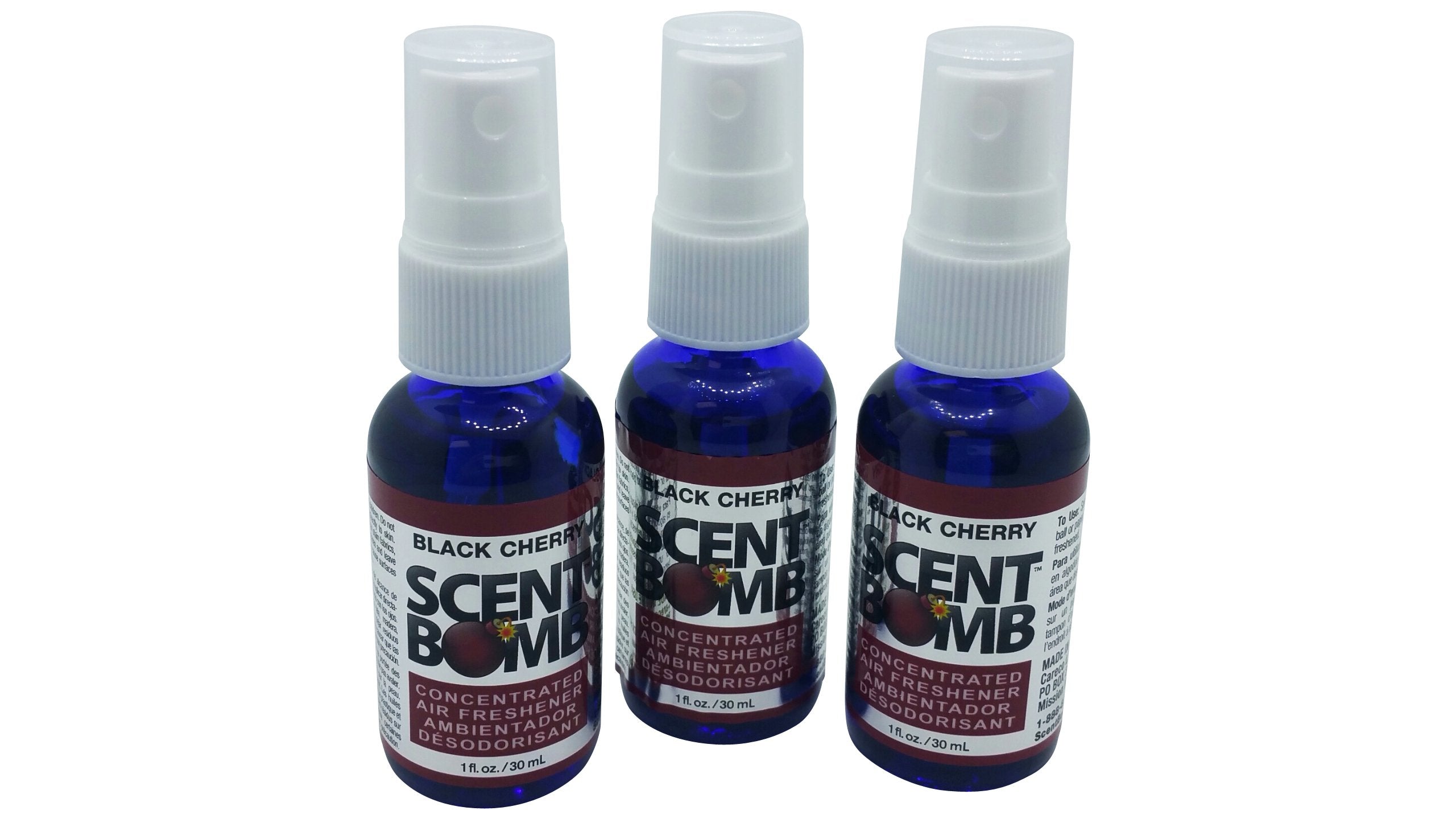Scent Bomb Black Cherry bottle spray for cars delivers long lasting freshness.