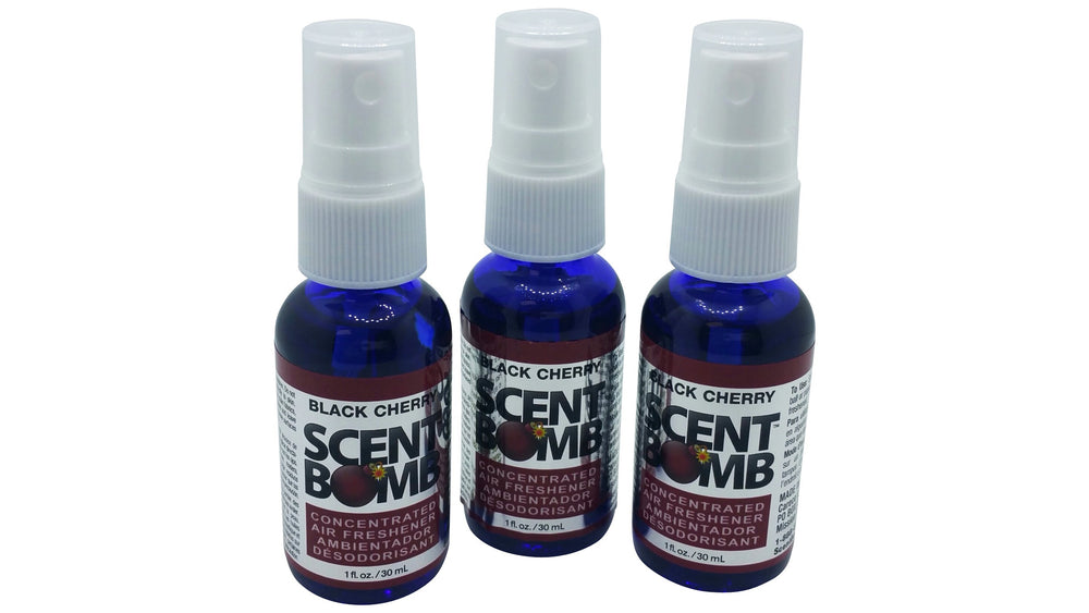 Scent Bomb Black Cherry bottle spray for cars delivers long lasting freshness.