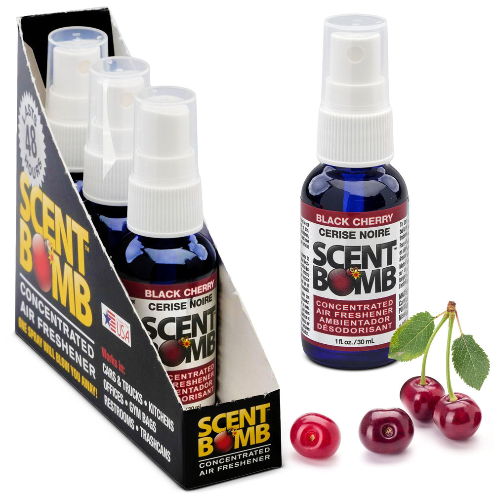 Scent Bomb air freshener spray bottle front with Black Cherry scent for a refreshing space.