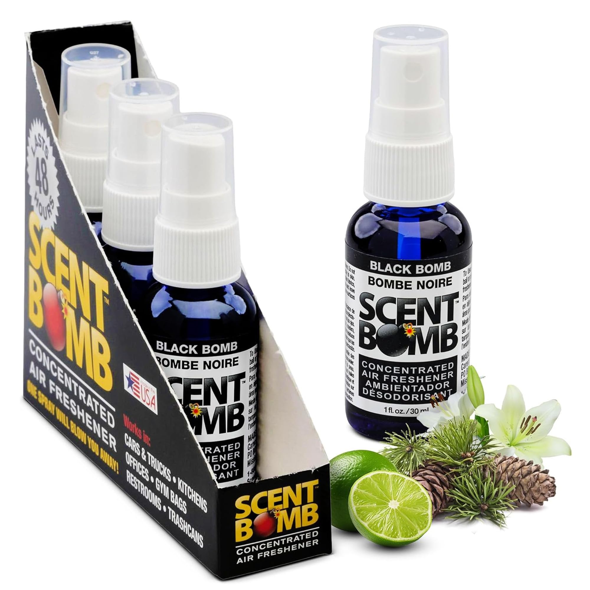 Scent Bomb air freshener spray bottle neutralizes odors and refreshes rooms quickly.