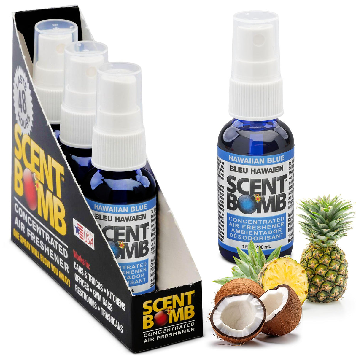 Scent Bomb Hawaiian Blue bottle spray for instant odor elimination in a room.
