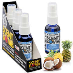 Scent Bomb Hawaiian Blue bottle spray for instant odor elimination in a room.